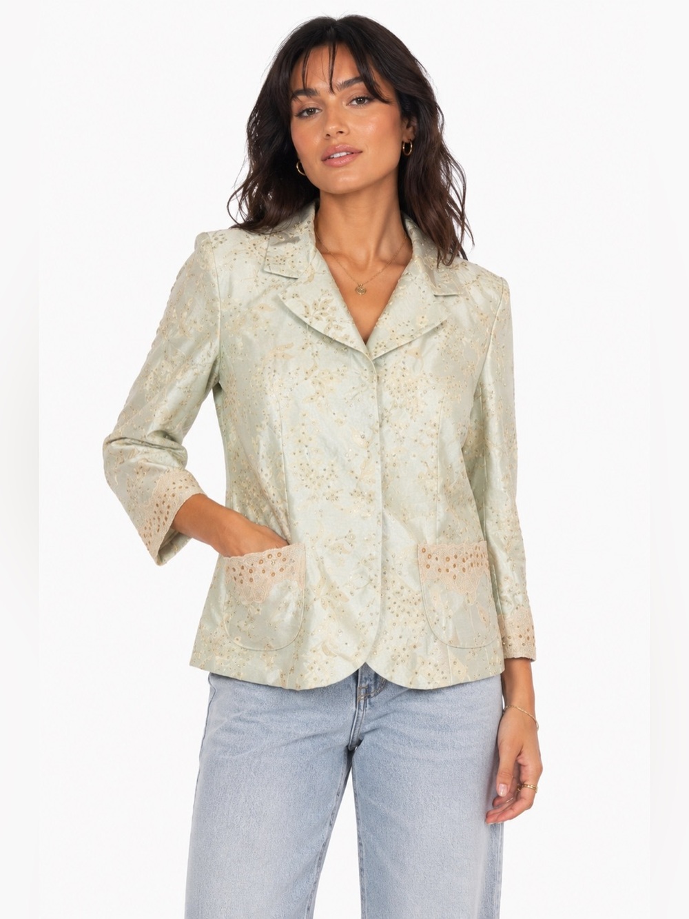 90s/Y2K Vintage Cachet Beaded Floral Embroidered Lace Trim Blazer (Mint/Cream)10
